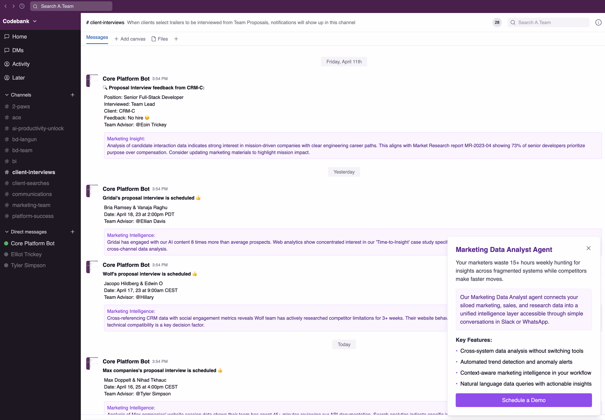 Platform screenshot showing Core Platform Bot and Marketing Data Analyst Agent
