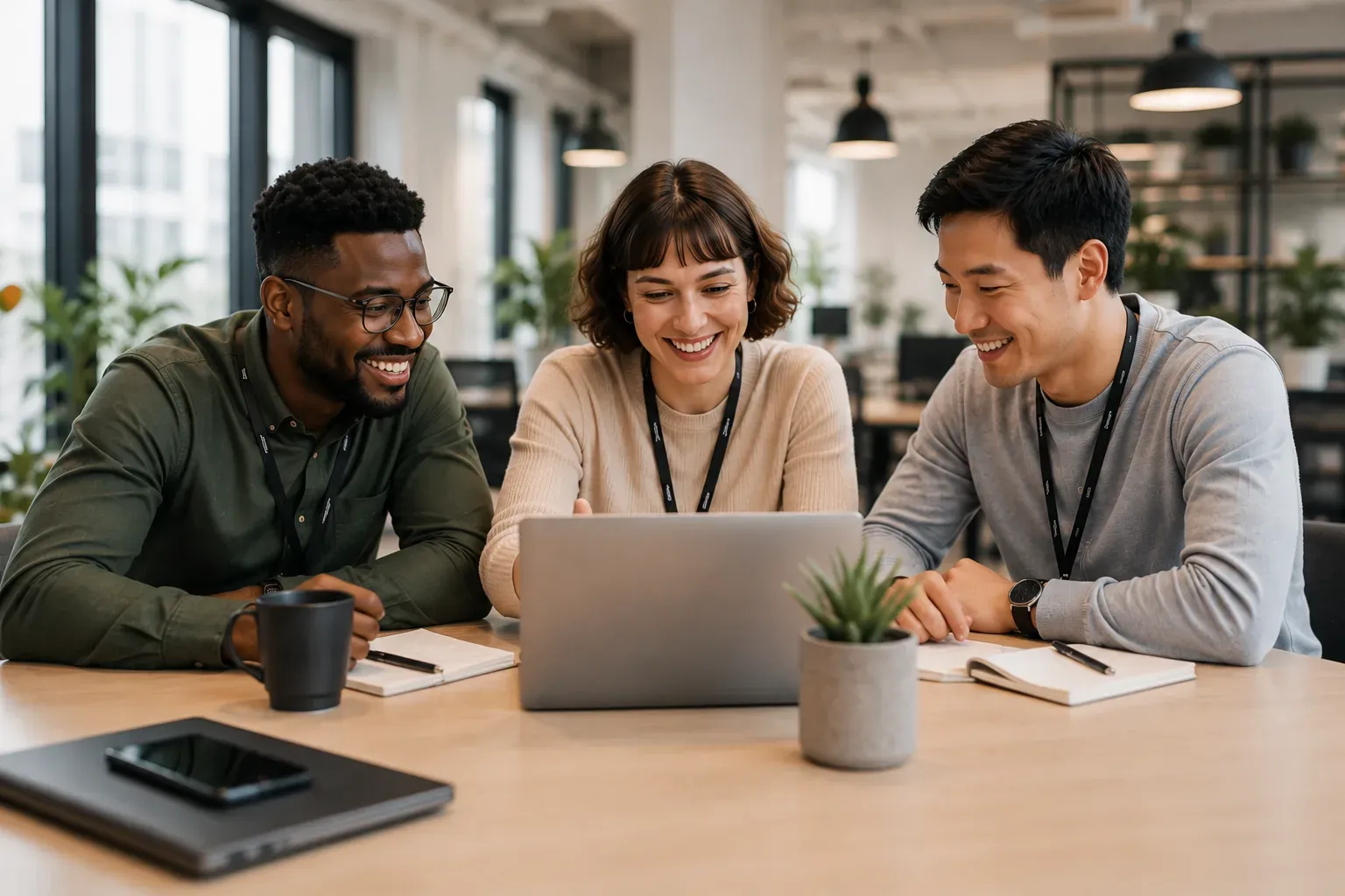 A deployed engineer and two members of the customer's team smiling around a laptop in a bright office, all wearing lanyard badges