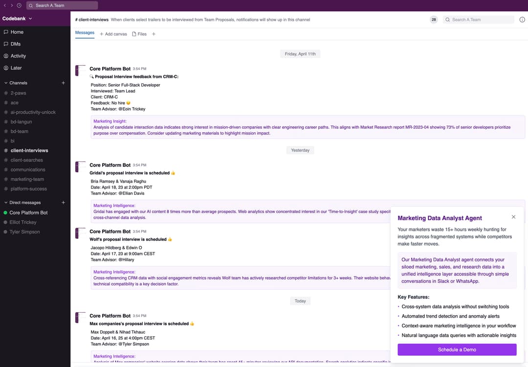 Platform screenshot showing Core Platform Bot and Marketing Data Analyst Agent